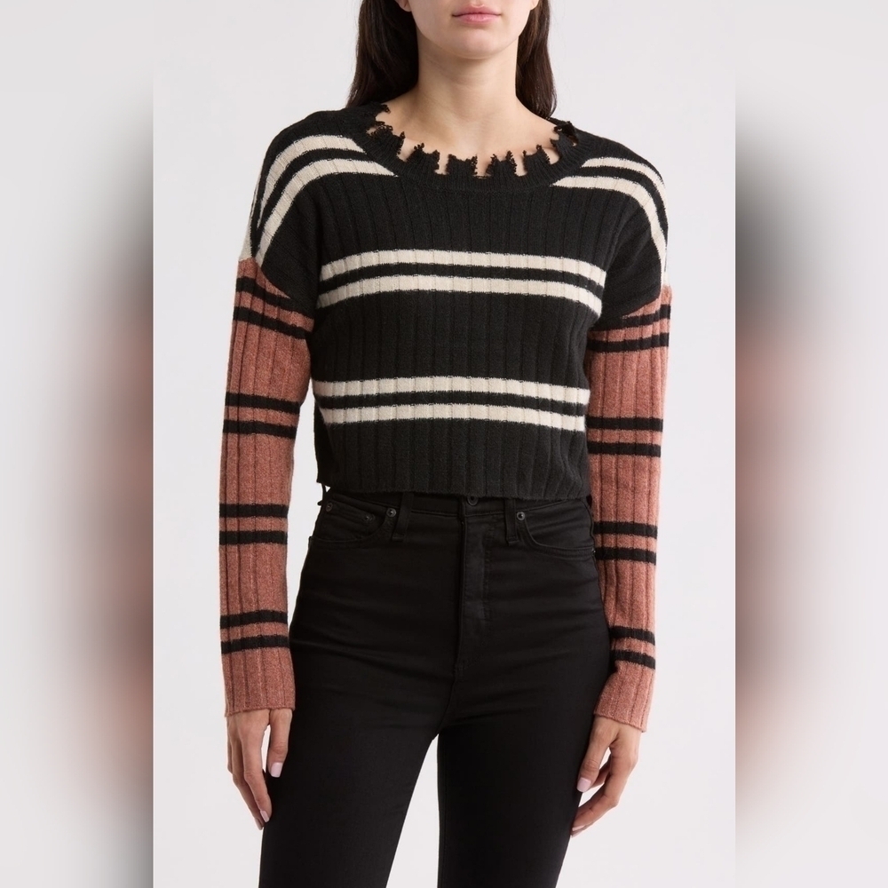 Womens NYC Knits by the Sweater Dept Mixed Stripe Pullover LARGE Black White
